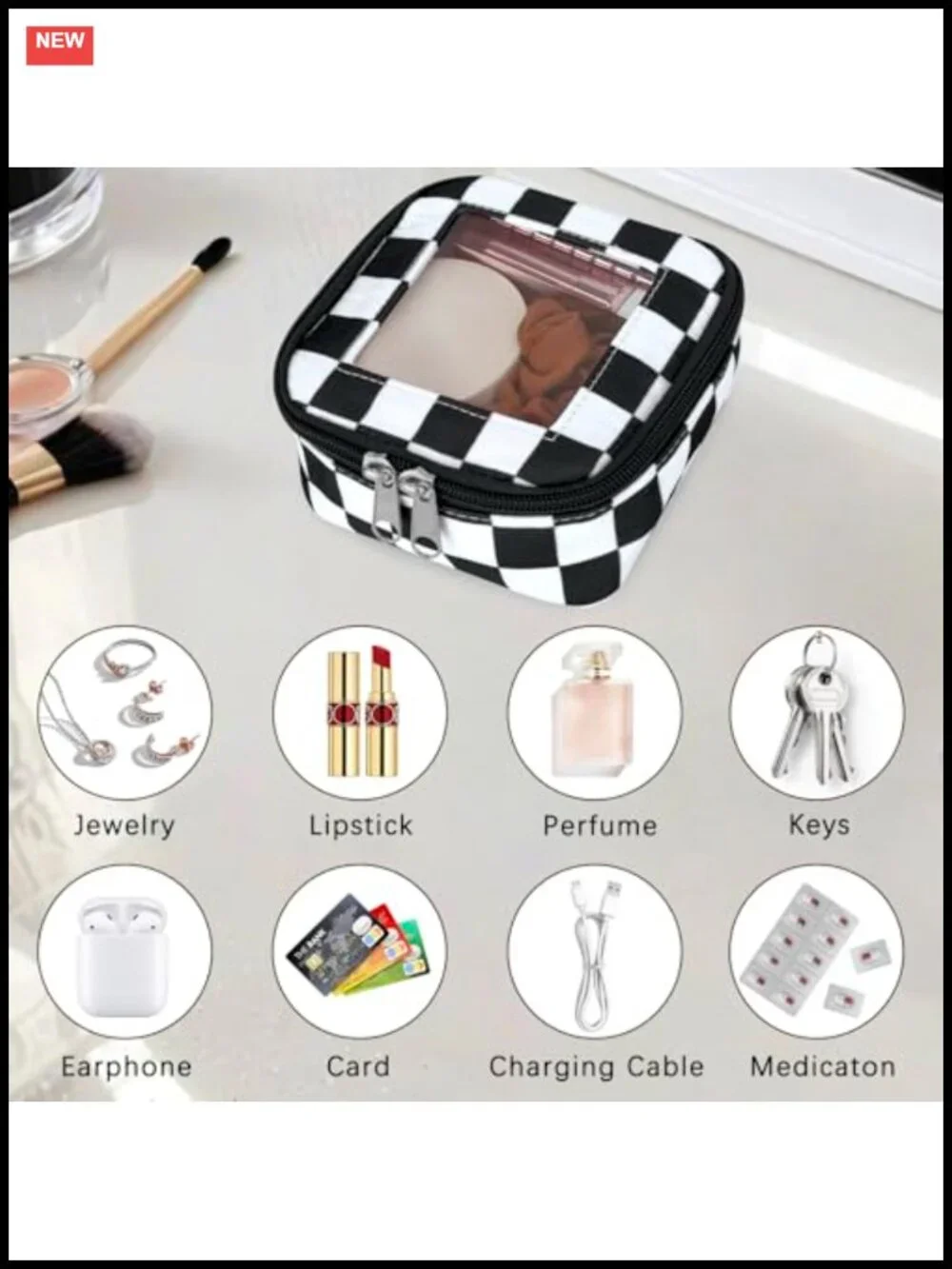Mini Clear Checkered Makeup Bag - Water-Resistant Nylon Cosmetic Pouch Travel